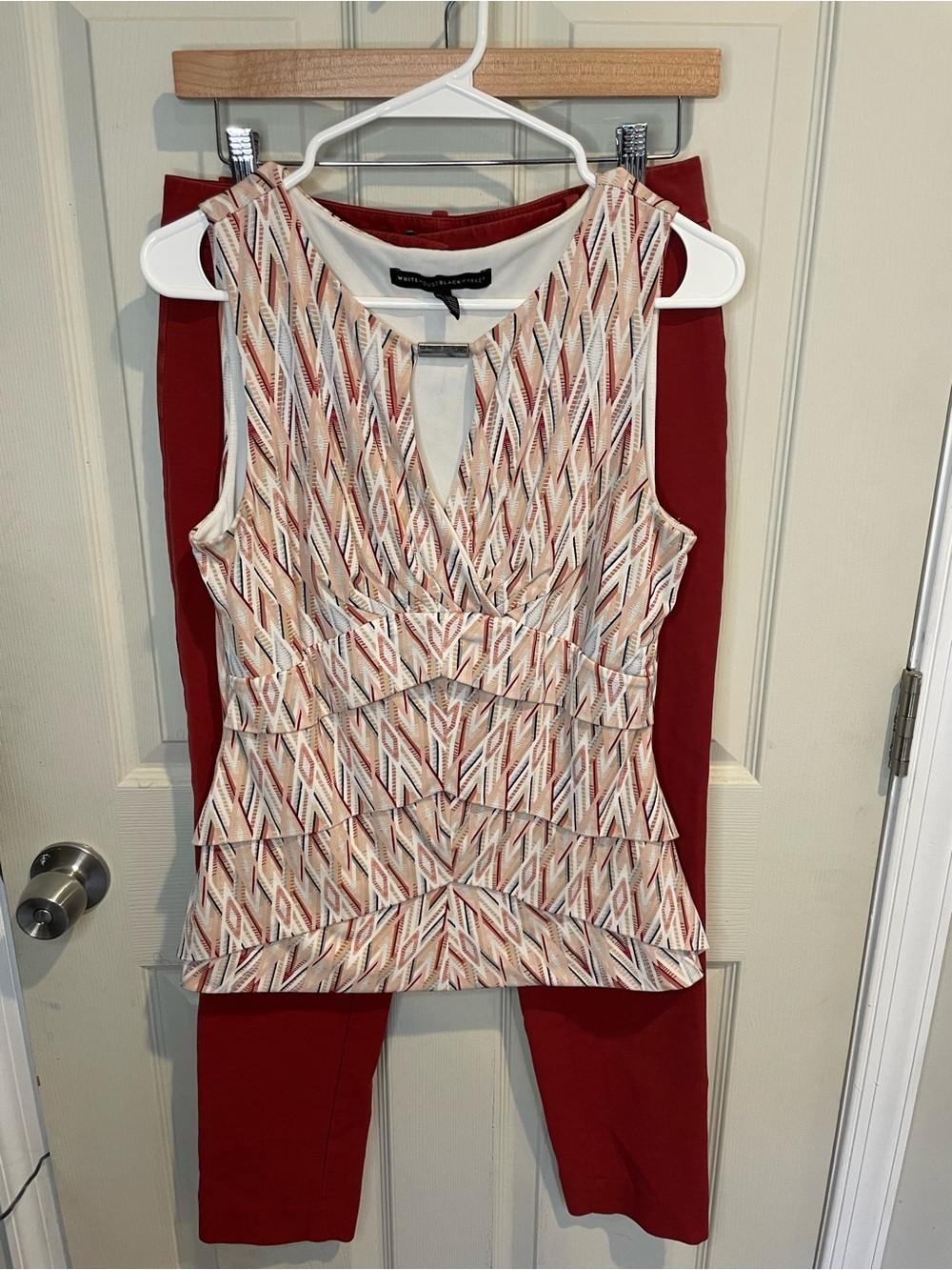 White House Black Market Red Pants with Multicolor Tiered Geometric Top Outfit